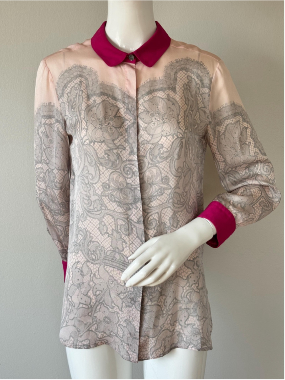 Emilio Pucci Silk Blouse Lace Print Pink Collar - Picture 3 of 10